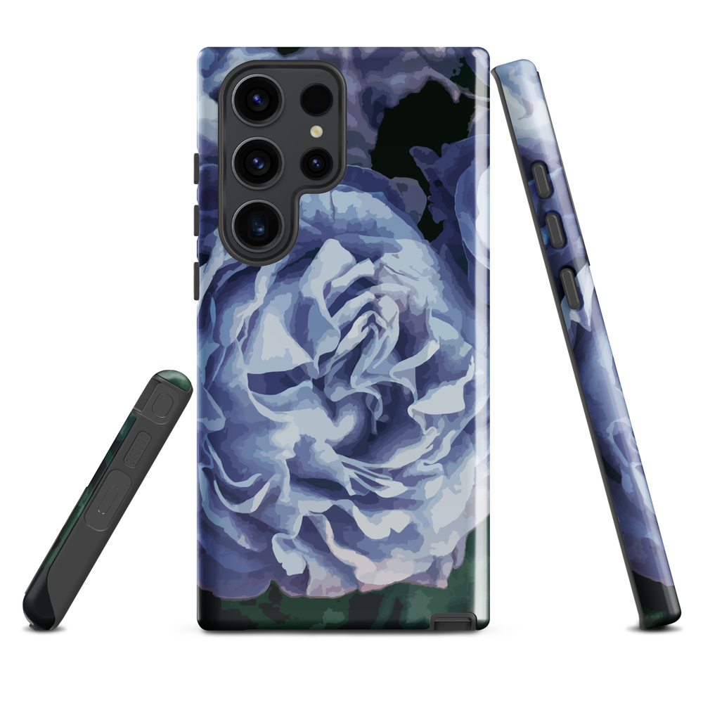 Designer phone case with a bold blue rose artwork and glossy finish.