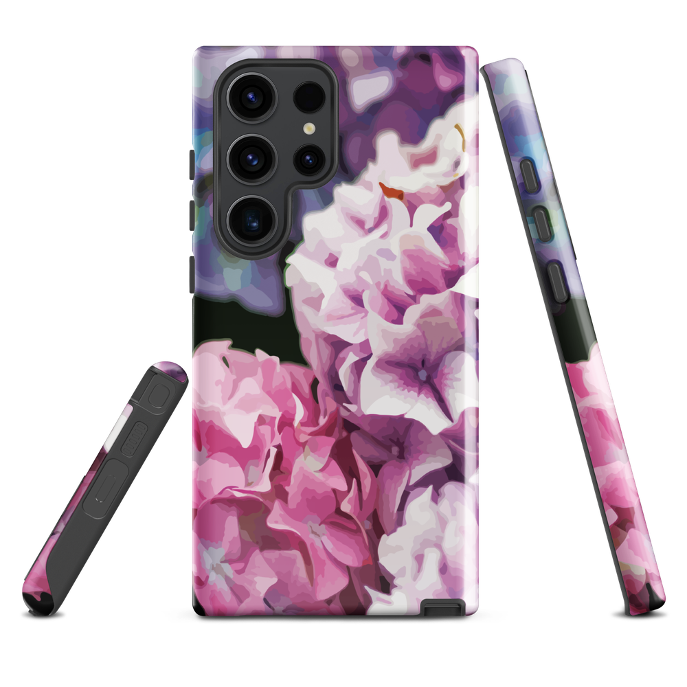 Designer phone case with pink and purple hydrangea floral artwork.