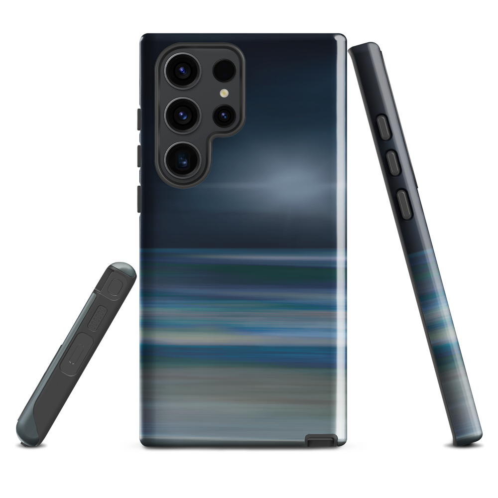 Dark abstract phone case with blue and grey streaks and glossy finish.