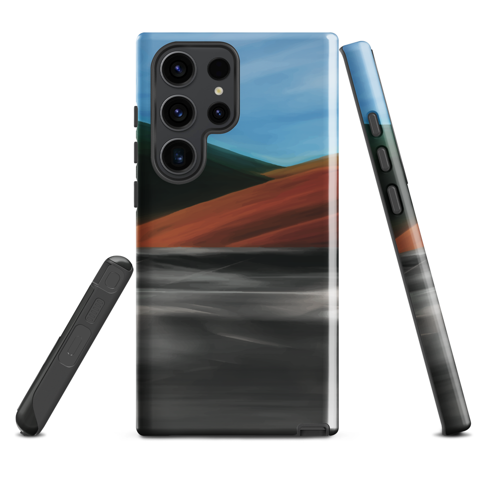 Phone case with abstract red, green, and blue heat wave landscape design.