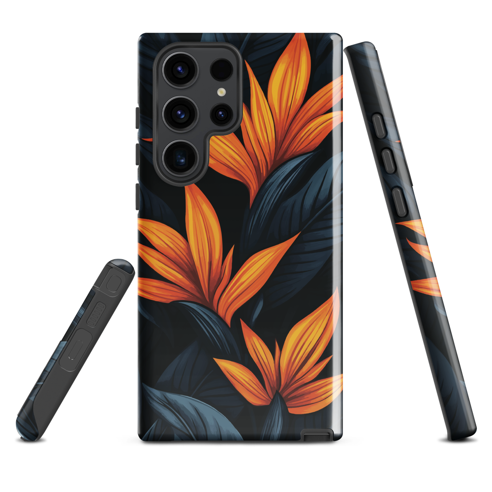 Phone case with bold orange bird of paradise flowers on dark background.