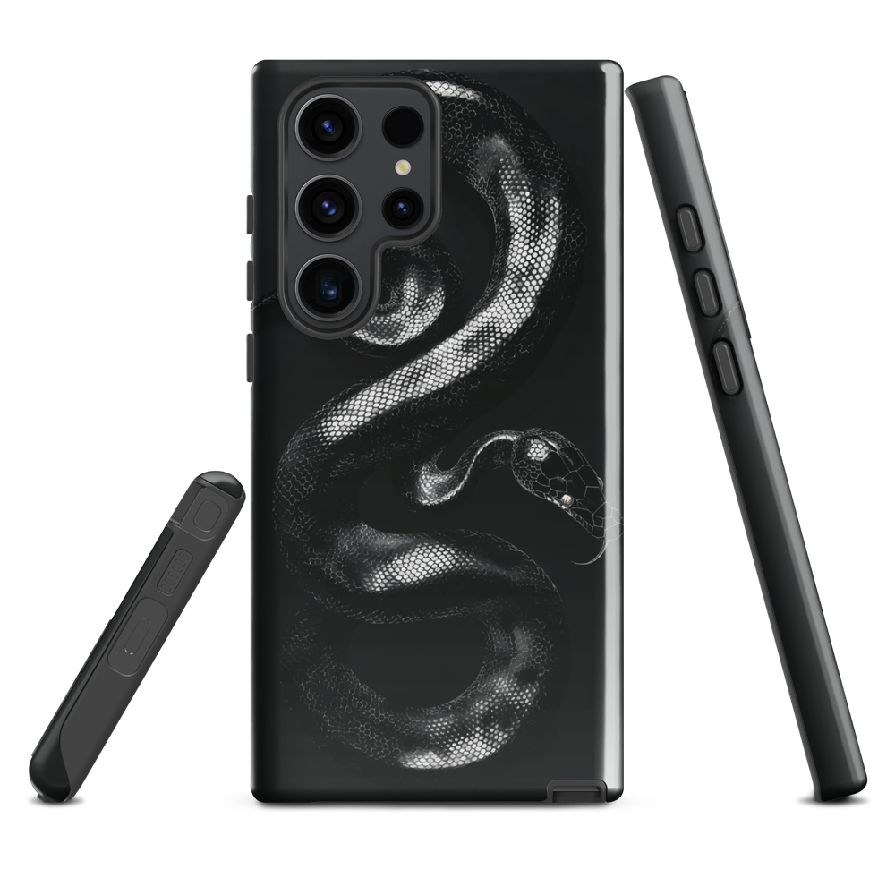 Phone case with detailed black python design on dark background.