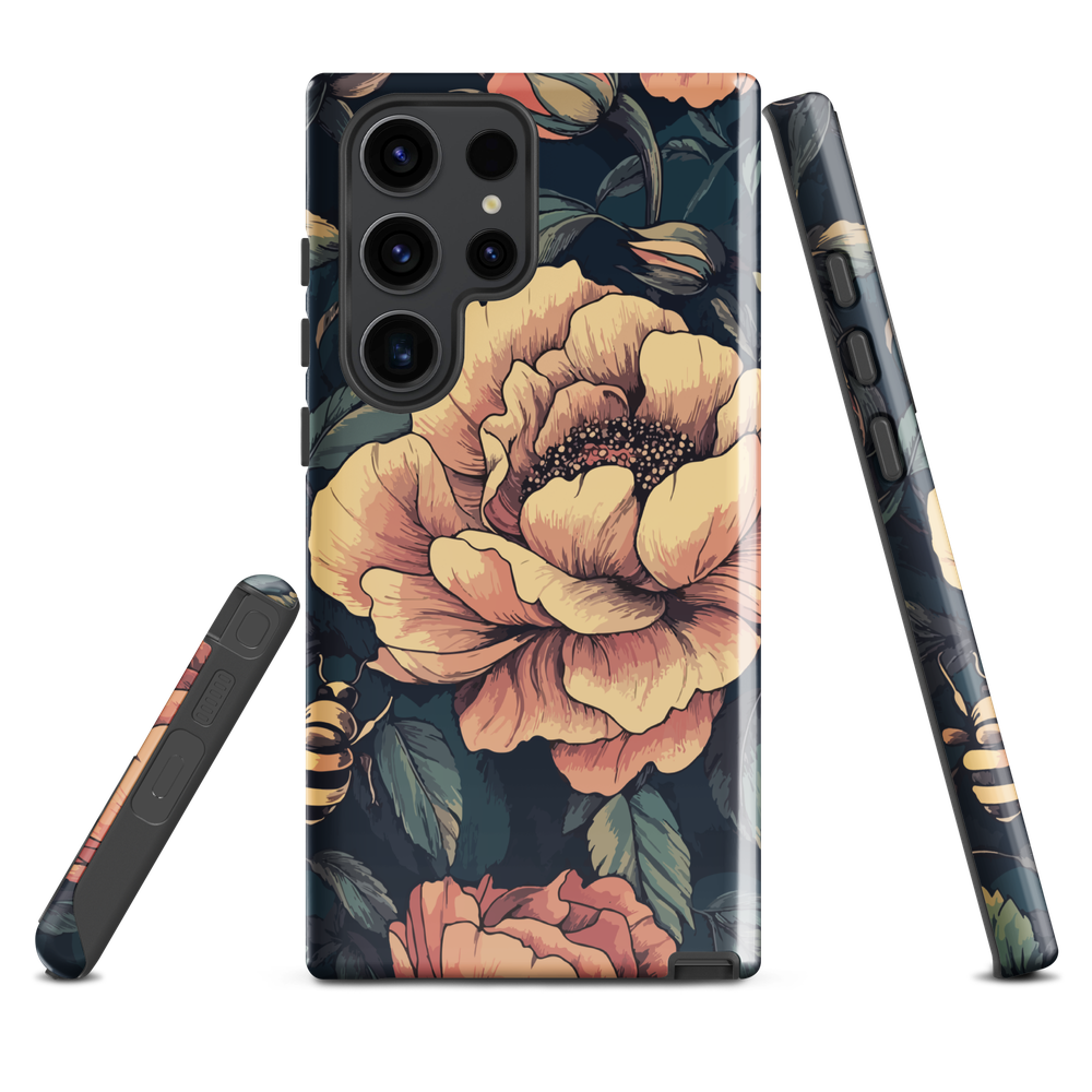 Phone case with vintage-style pink roses and bees on dark background, floral New Zealand artwork.