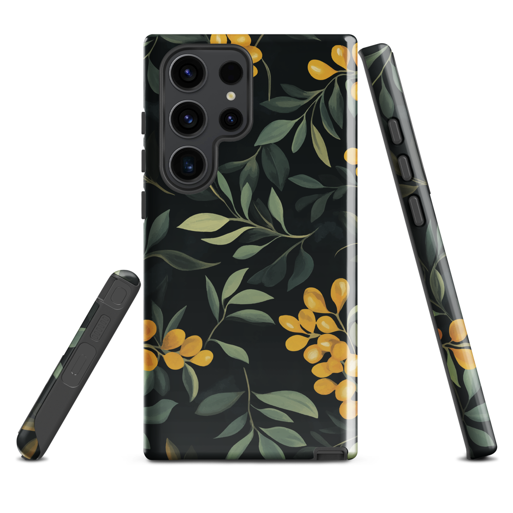 NZ Kowhai phone case with native yellow floral and green leaves on black background by designer Ben Hart.