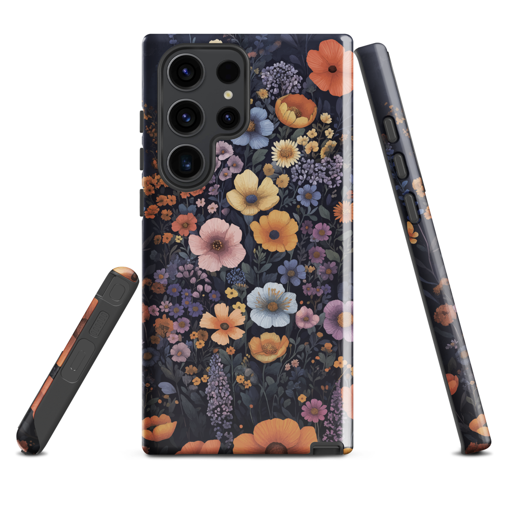 Phone case with colourful wildflowers on dark background, floral art design