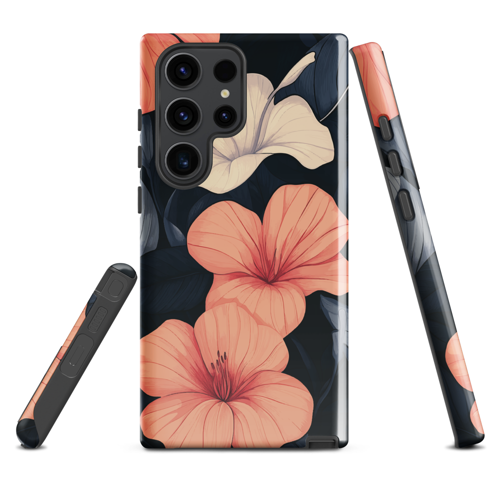 Phone case with coral hibiscus flowers and ivory blooms on dark background