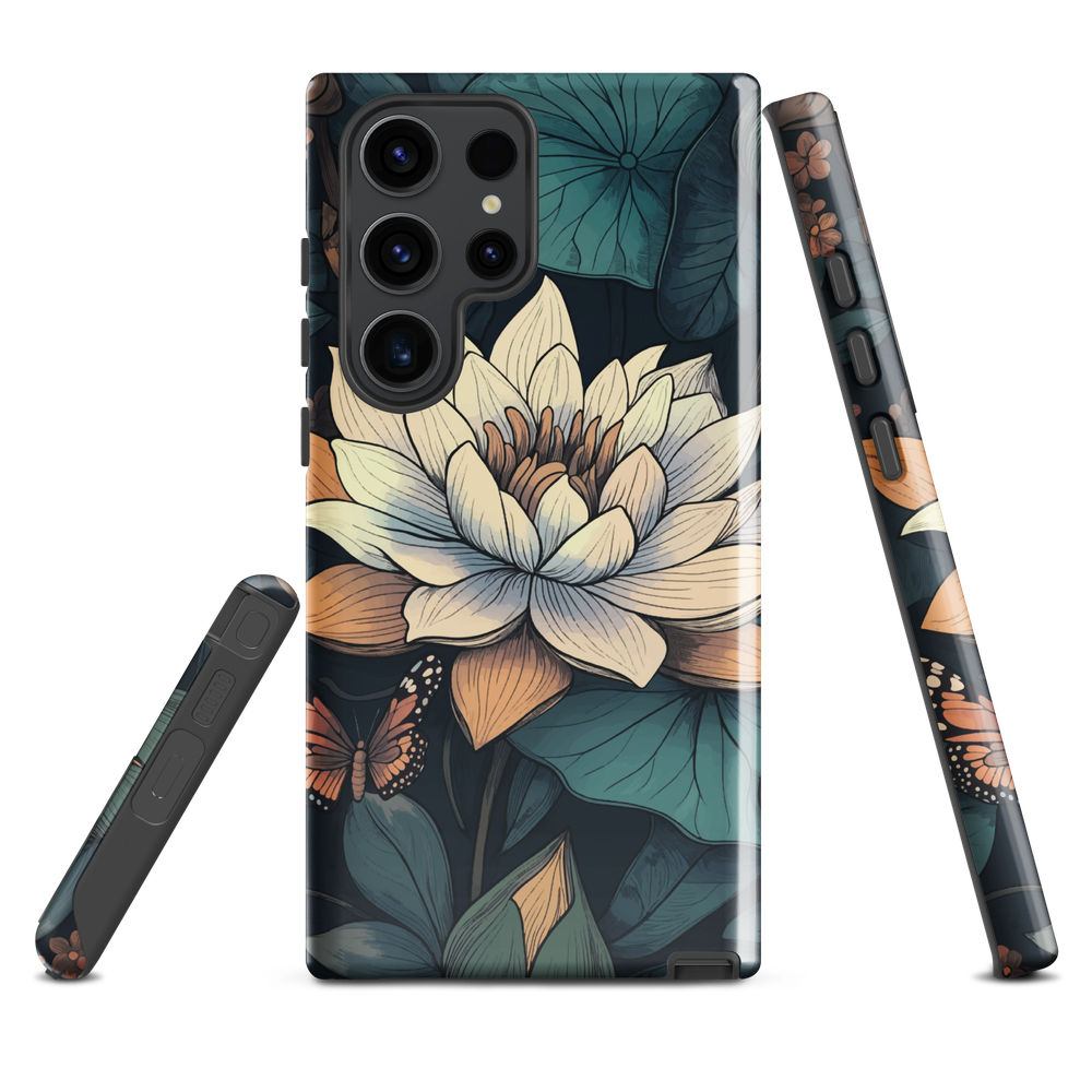 Phone case with ivory water lily, green leaves, and butterfly accents on dark background