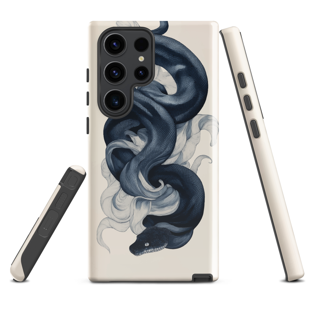 Phone case with black python and smoke design on cream background, serpent art by NZ artist Ben Hart.