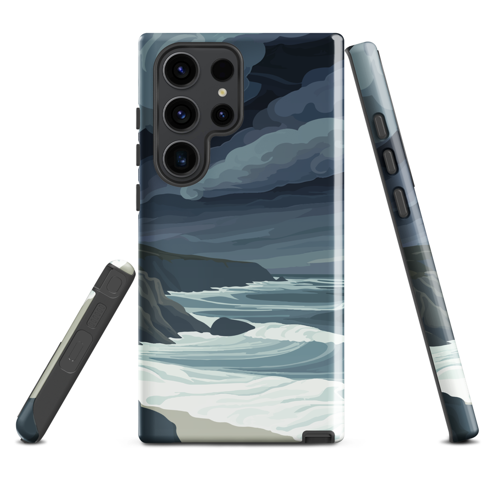 Phone case featuring moody Cape Kidnappers coastline with crashing waves and dark skies
