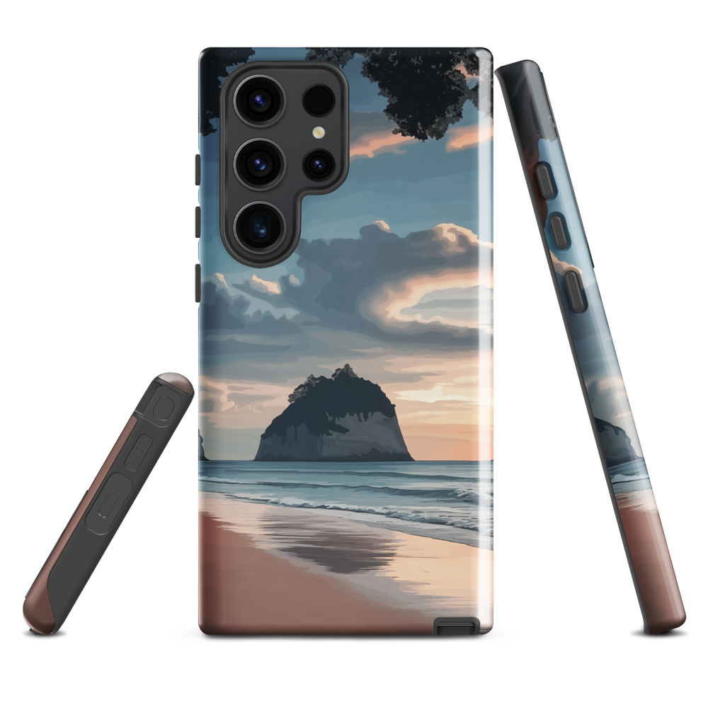 Phone case with Cathedral Cove beach and sunset scene, featuring soft skies and sea stack, by NZ artist Ben Hart.