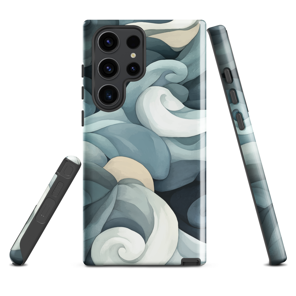 Phone case with abstract swirling ocean waves in blue and cream