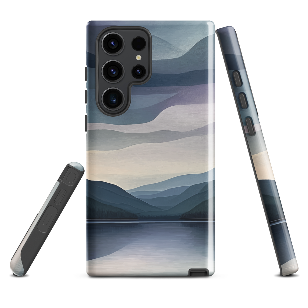 Phone case with moody blue and purple layered mountain and lake landscape artwork