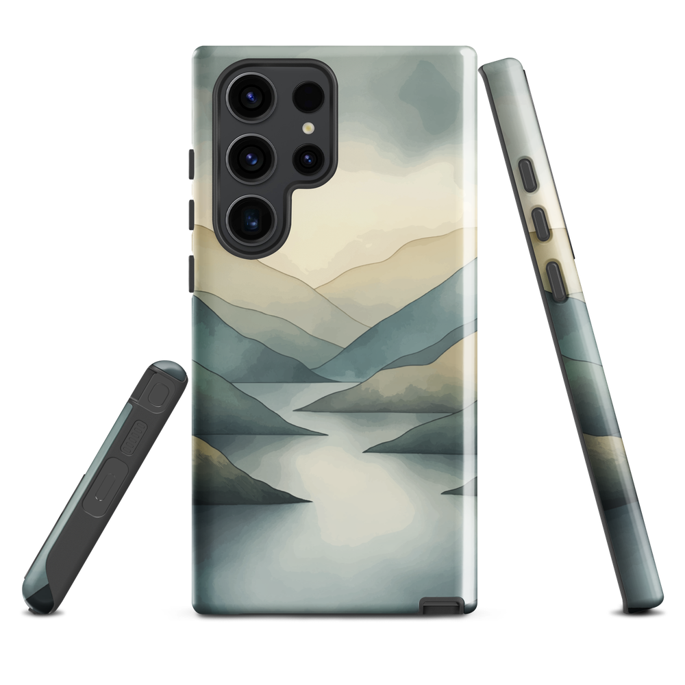 Phone case with soft mountain and valley design in misty green, blue, and golden tones