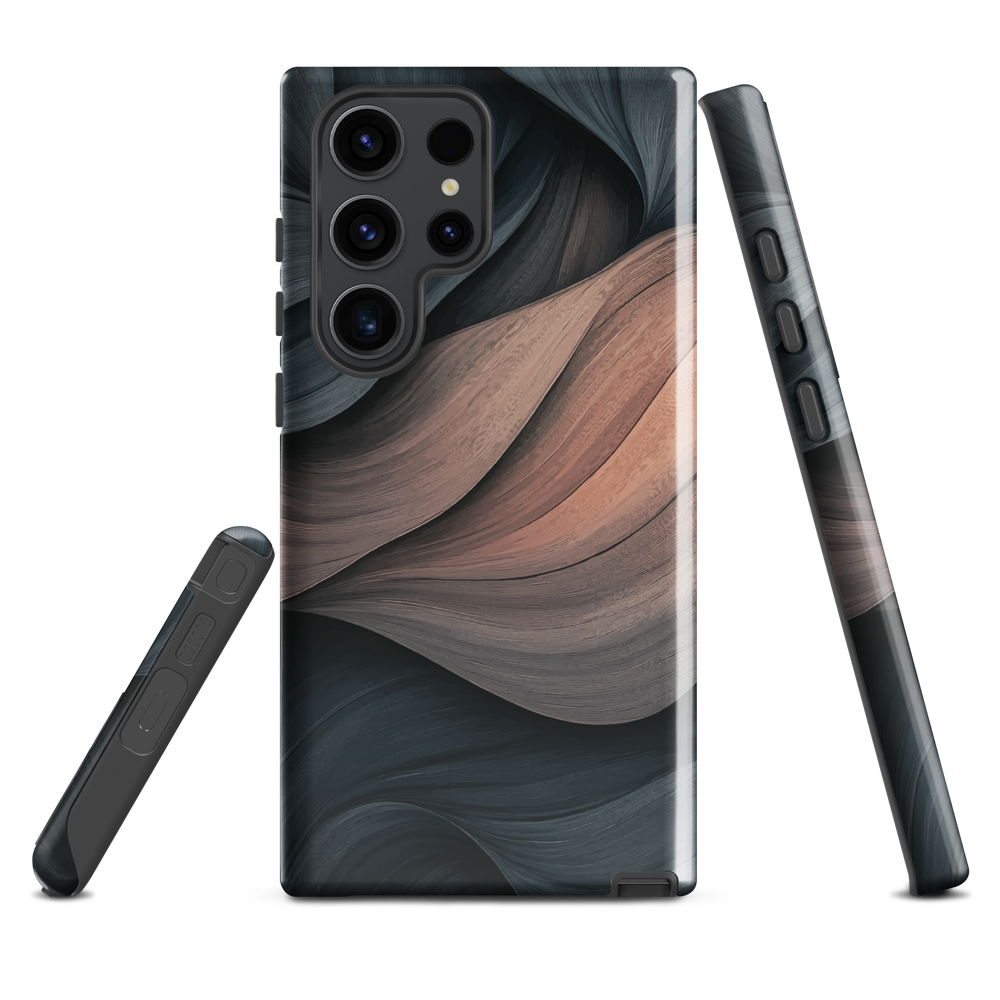 Phone case with flowing abstract design in black, copper and charcoal tones, inspired by dusk shadows