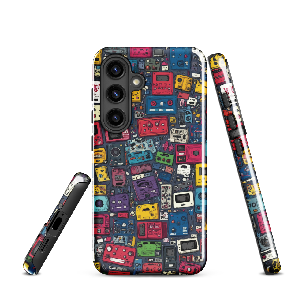 'Arcade' Samsung case, featuring a vibrant collage of hand-drawn controllers in bold, vintage-inspired colours. From electric blue and hot pink to classic black and yellow