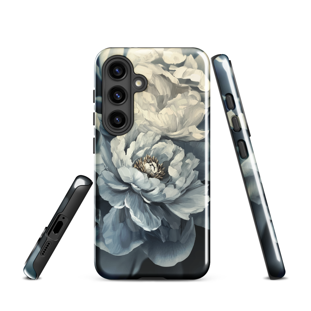 'Whisper' Samsung case features a stunning close-up of softly painted peony blooms in dreamy shades of ivory, grey, and smoky blue.
