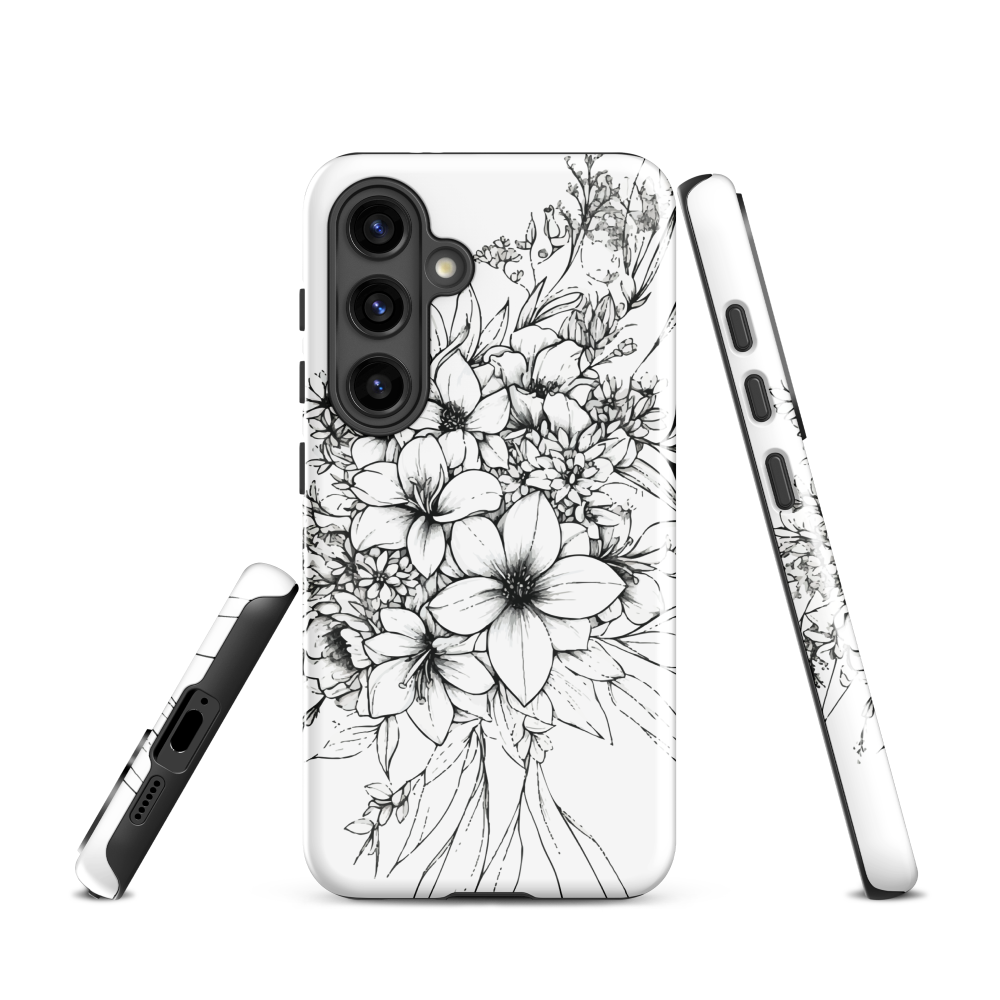 Black and white floral phone case with hand-drawn lilies and wildflowers