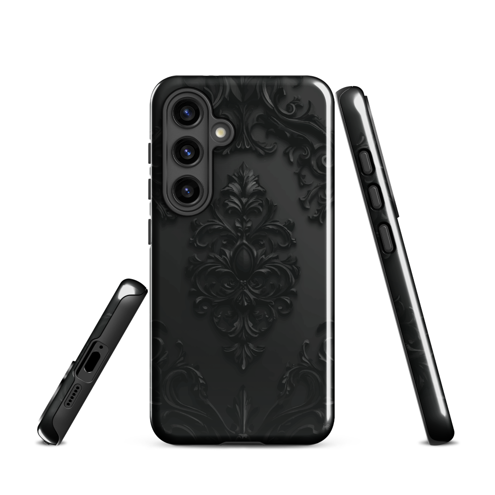 Black embossed damask phone case with gothic baroque pattern.