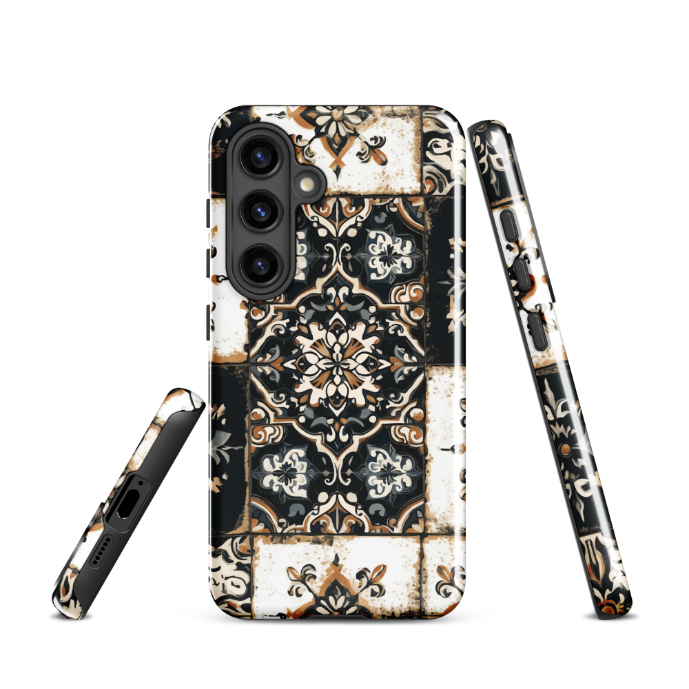 Moroccan tile pattern phone case in black, white, and gold tones with vintage-inspired design.