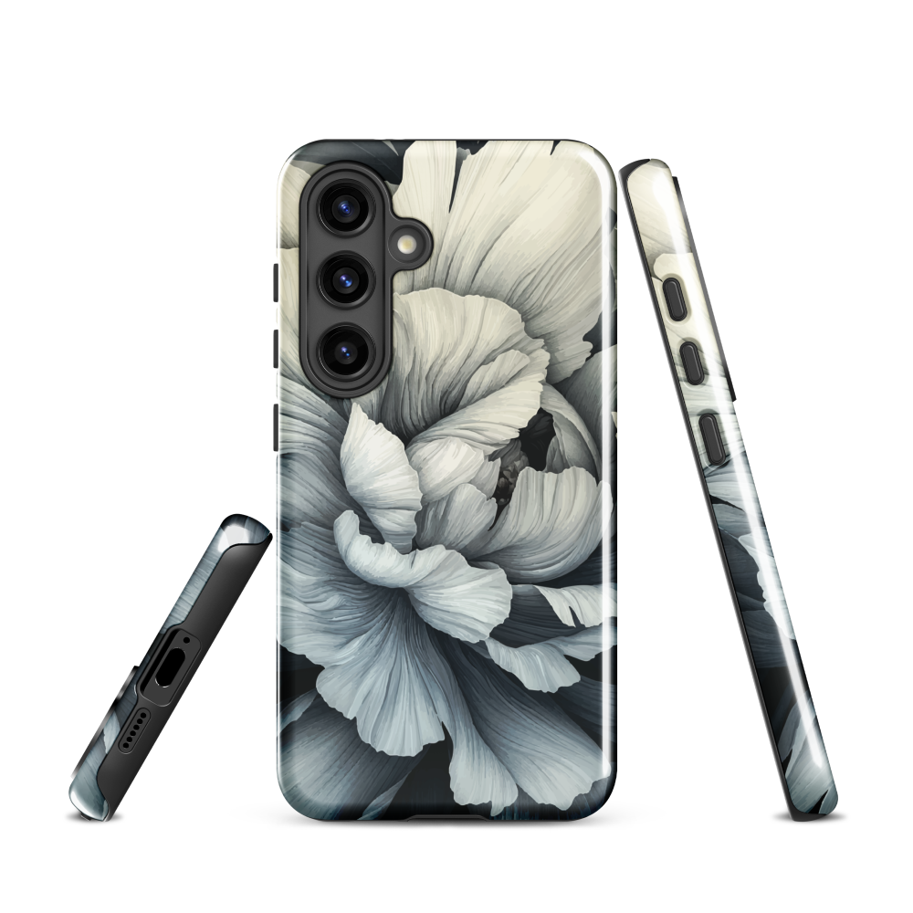 Black and white floral phone case featuring a soft, moody peony design by New Zealand artist Ben Hart.