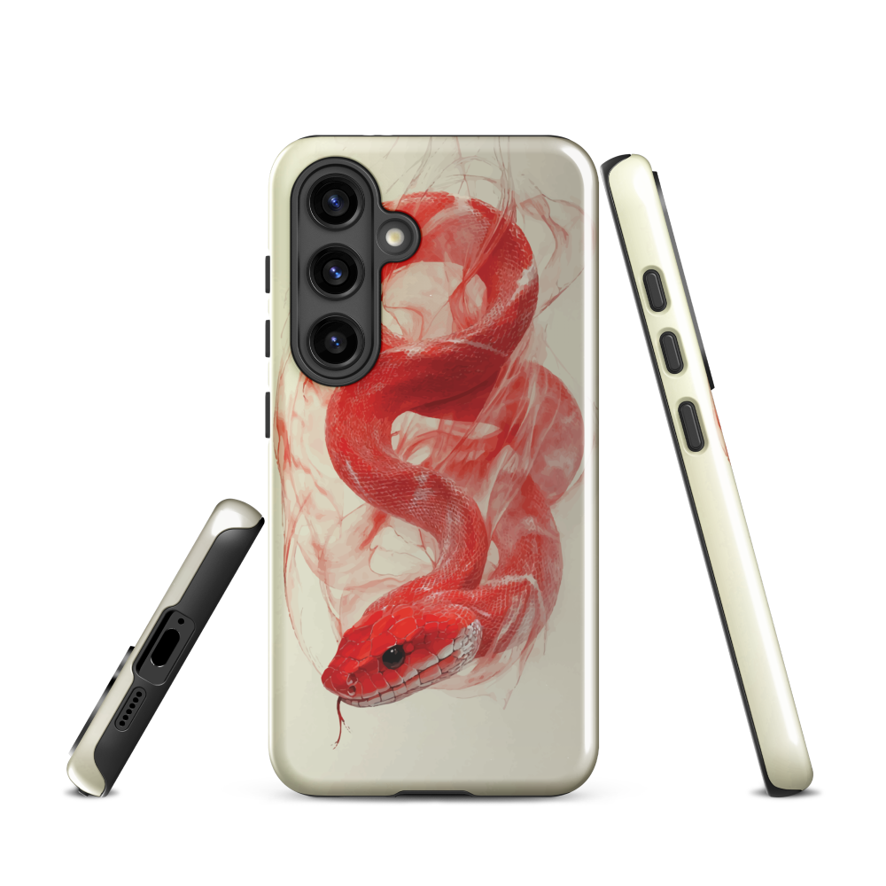 Phone case with red snake design on a cream background, coiled in smoky detail. Bold artwork by NZ designer Ben Hart.