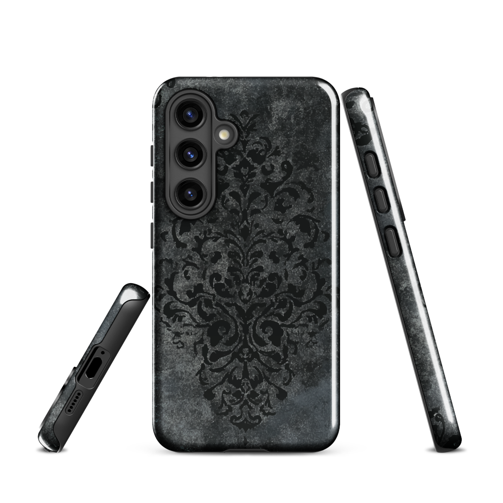 Dark damask patterned phone case with a vintage gothic aesthetic and textured stone background.