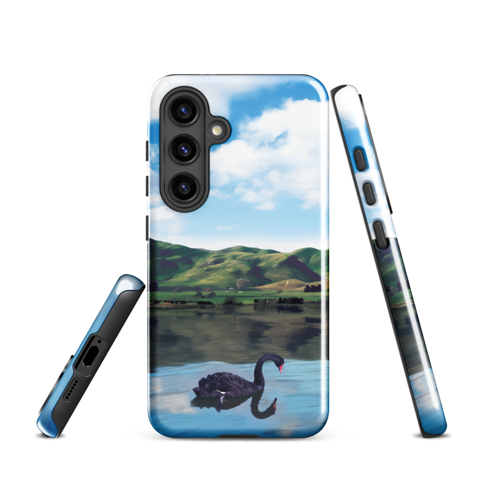 Phone case with a black swan on a calm lake, New Zealand hills in the background. Art by NZ designer Ben Hart.