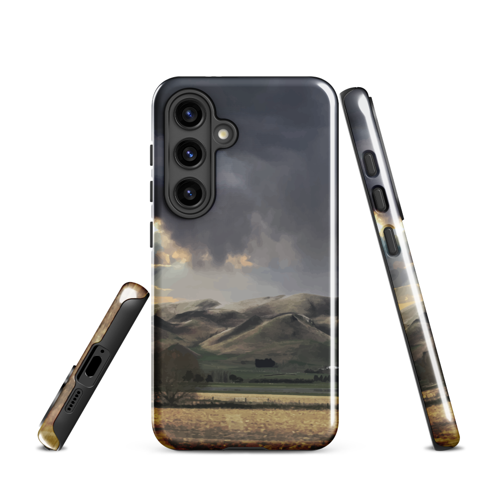 Designer phone case with NZ landscape painting of Te Hauke and cloudy skies by Ben Hart.