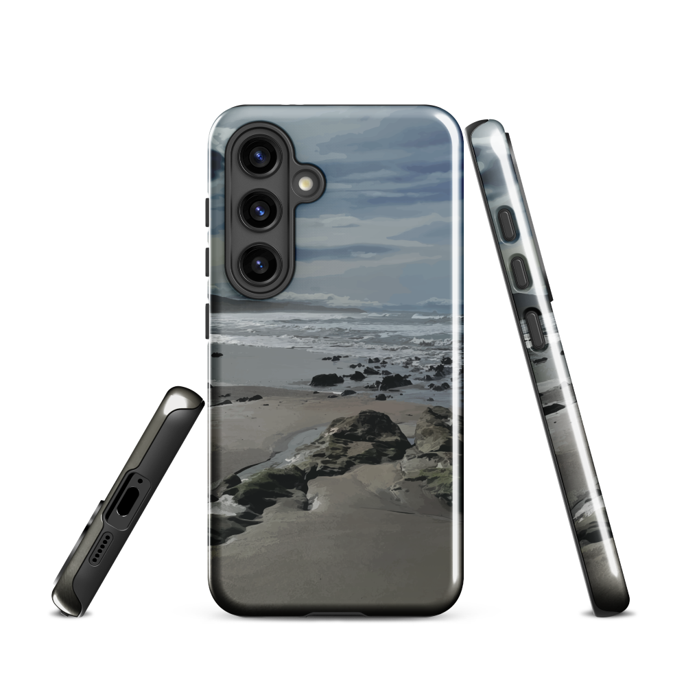 Phone case with artwork of Riversdale Beach, Masterton – rocks, waves and sky by NZ artist Ben Hart.