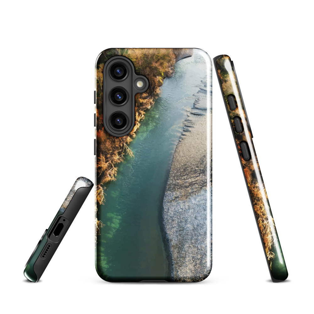 Phone case with aerial riverbend artwork and earthy tones, designed by New Zealand artist Ben Hart.