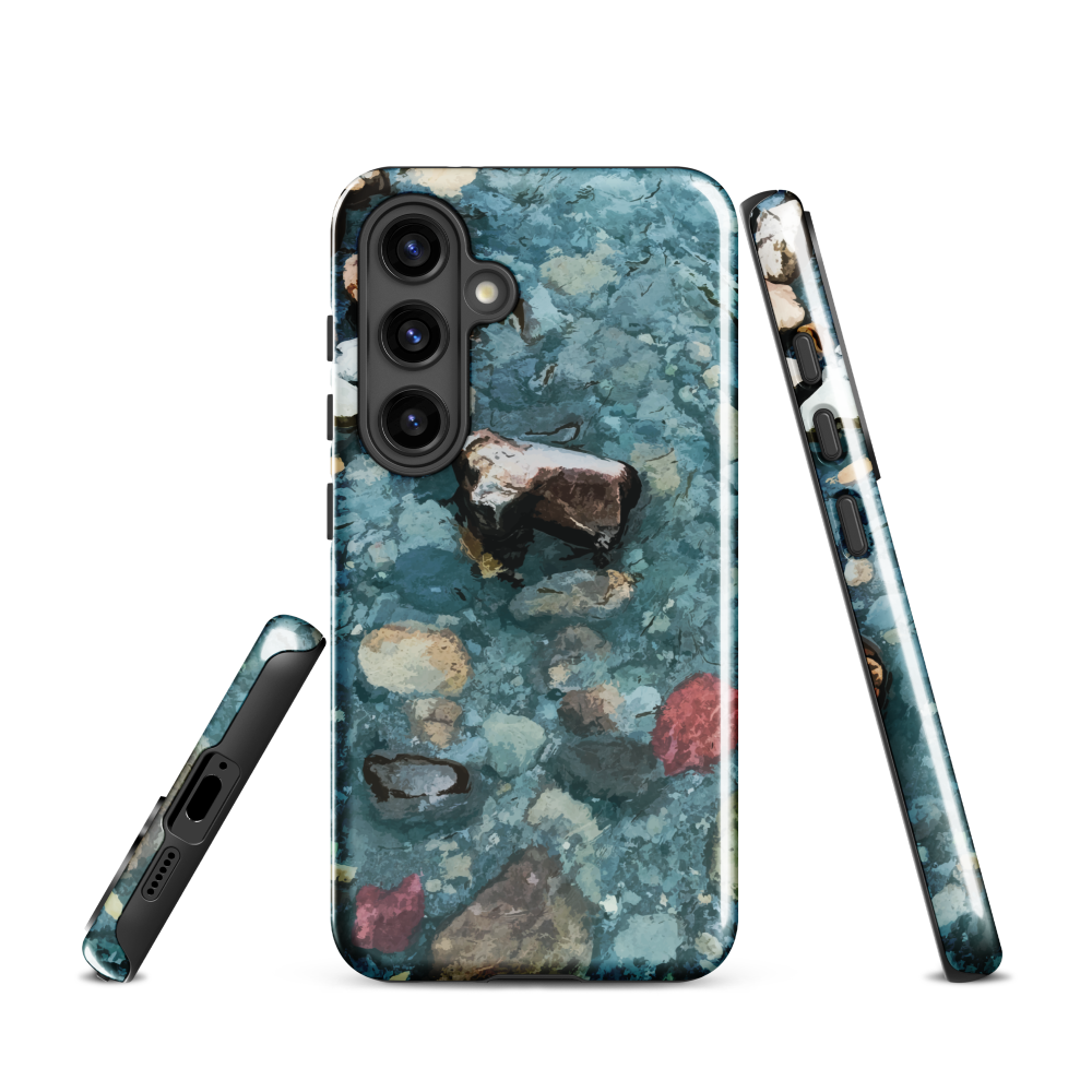 Washed Away designer phone case with abstract river stone artwork in earthy blues and natural tones.