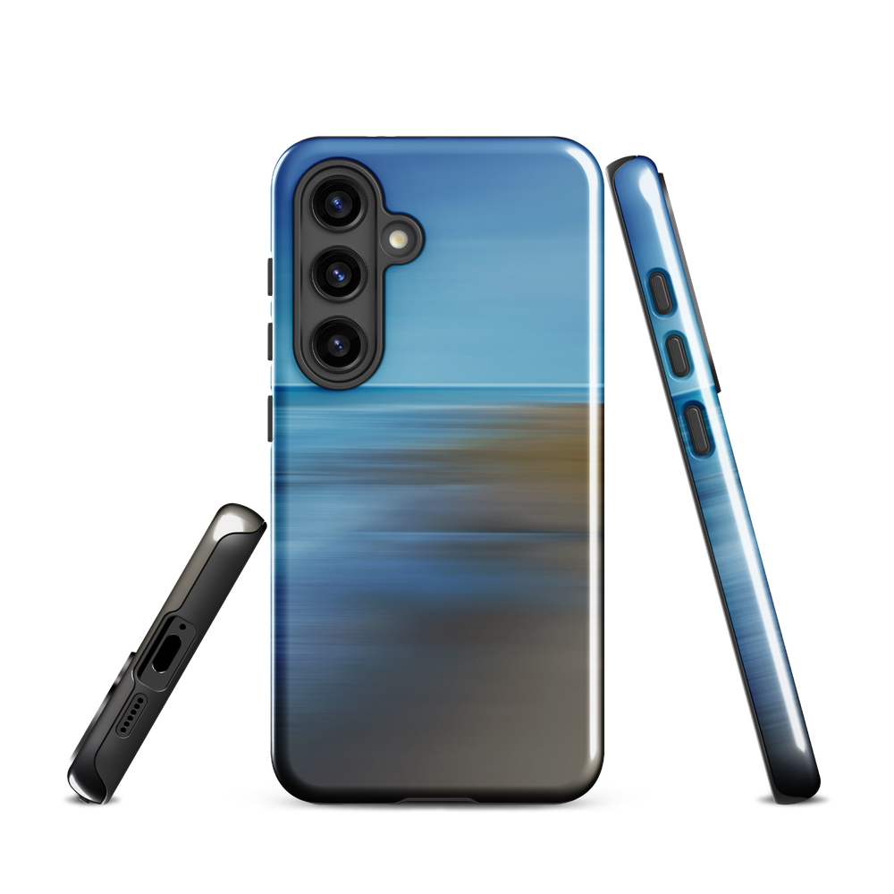 Ocean Breeze phone case with abstract blue and sandy tones inspired by sea and sky.