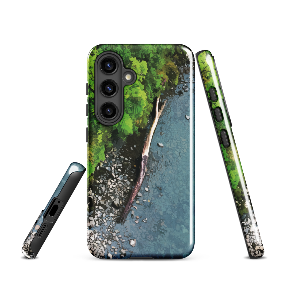 Resting Place phone case with aerial artwork of river rocks, green bush, and driftwood in a New Zealand stream.