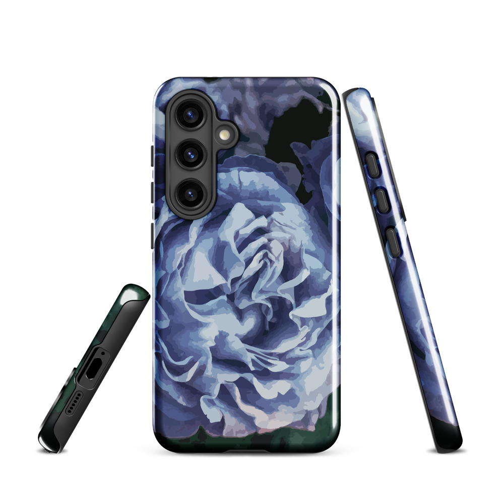Designer phone case with a bold blue rose artwork and glossy finish.