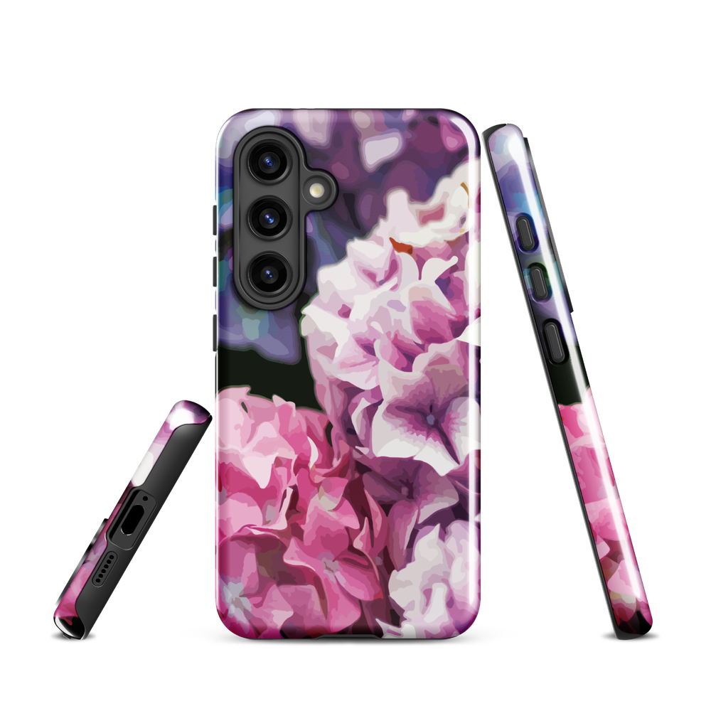 Designer phone case with pink and purple hydrangea floral artwork.