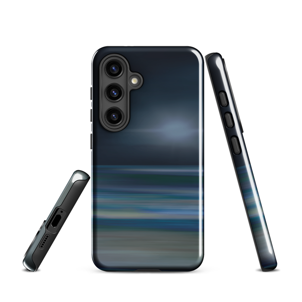 Dark abstract phone case with blue and grey streaks and glossy finish.