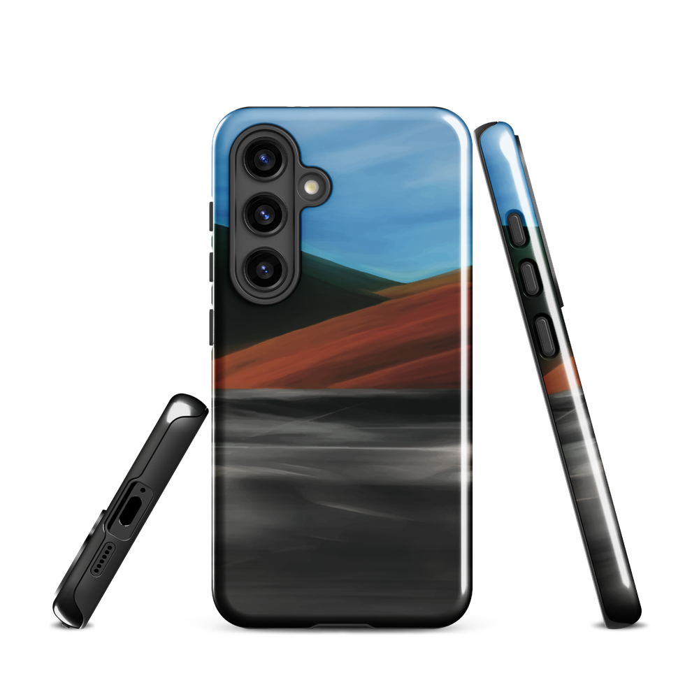 Phone case with abstract red, green, and blue heat wave landscape design.