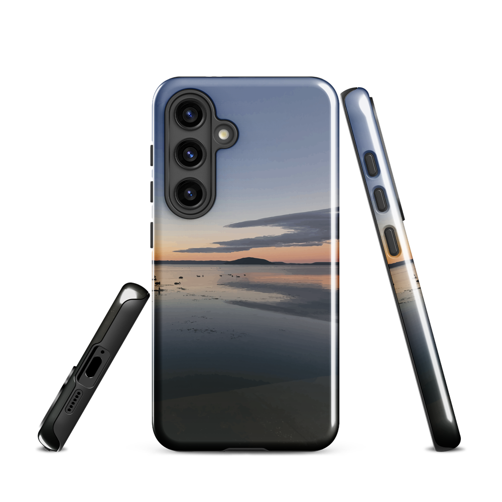 Phone case with tranquil lake scene at sunrise and distant hills.