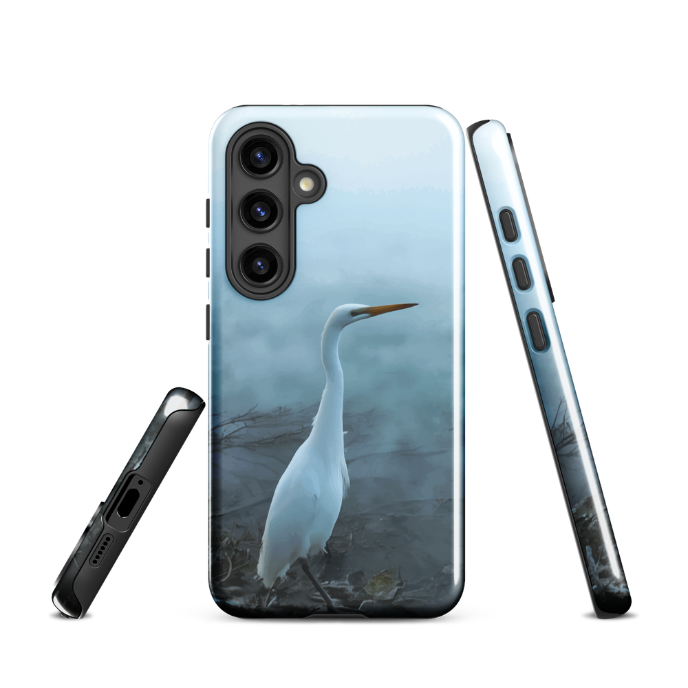 Phone case with a white heron standing in a misty wetland scene.