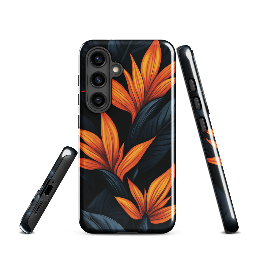 Phone case with bold orange bird of paradise flowers on dark background.