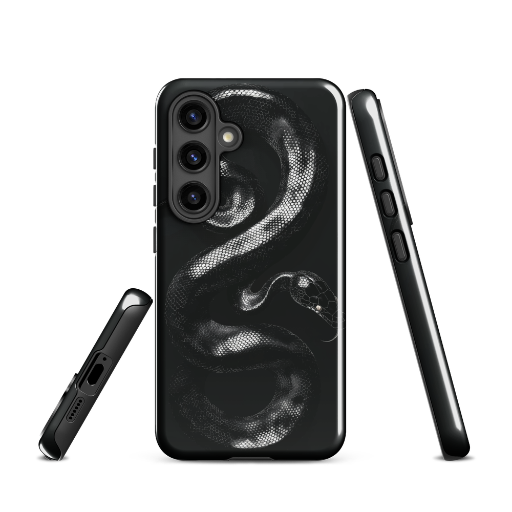 Phone case with detailed black python design on dark background.