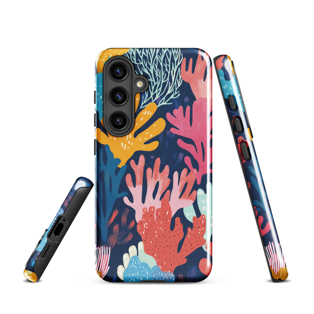 Colourful coral reef phone case design in pink, blue and yellow by NZ artist Ben Hart