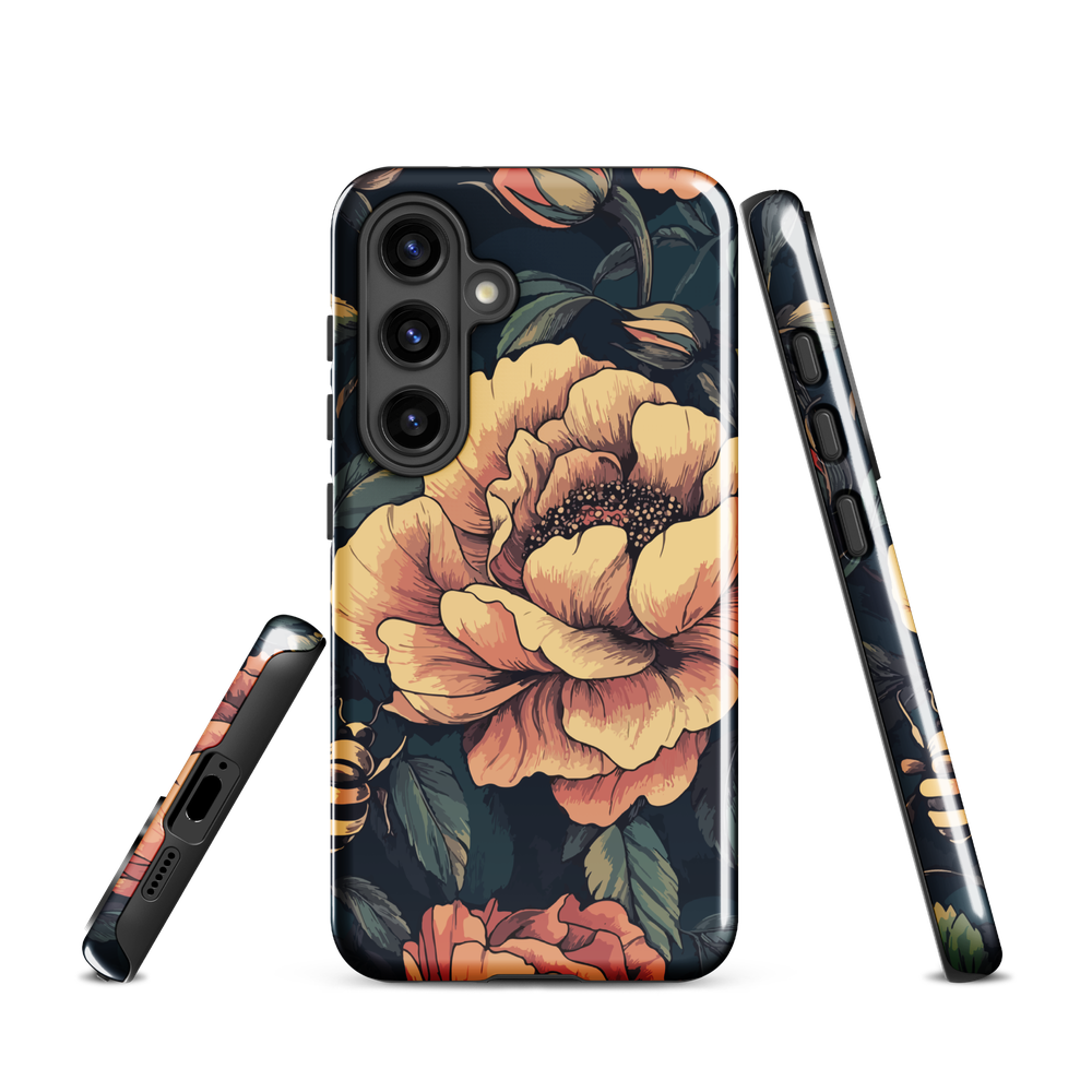 Phone case with vintage-style pink roses and bees on dark background, floral New Zealand artwork.