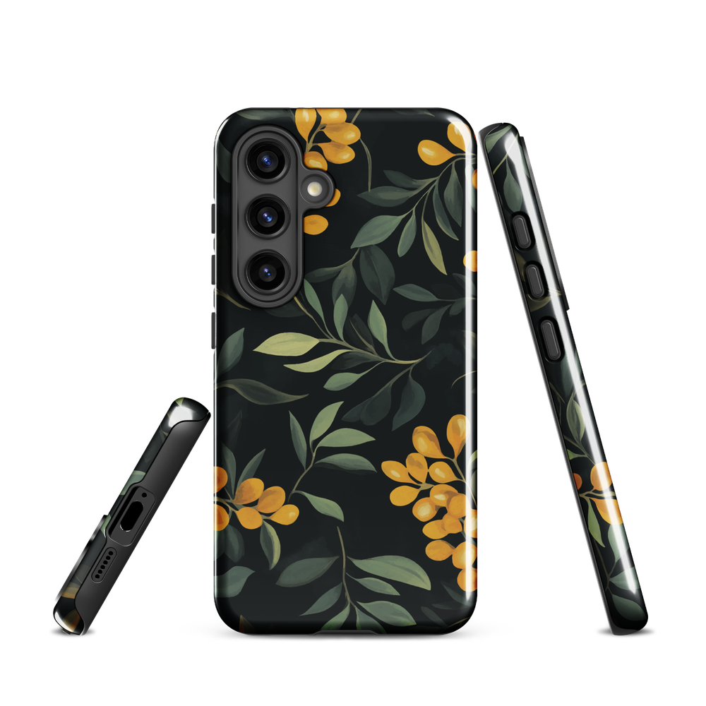 NZ Kowhai phone case with native yellow floral and green leaves on black background by designer Ben Hart.