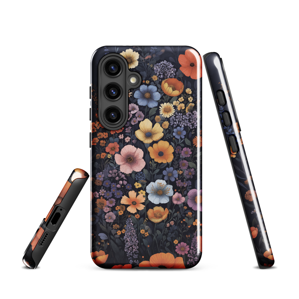 Phone case with colourful wildflowers on dark background, floral art design