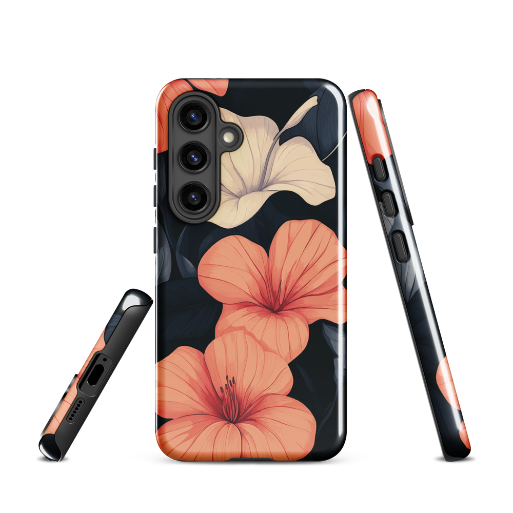 Phone case with coral hibiscus flowers and ivory blooms on dark background