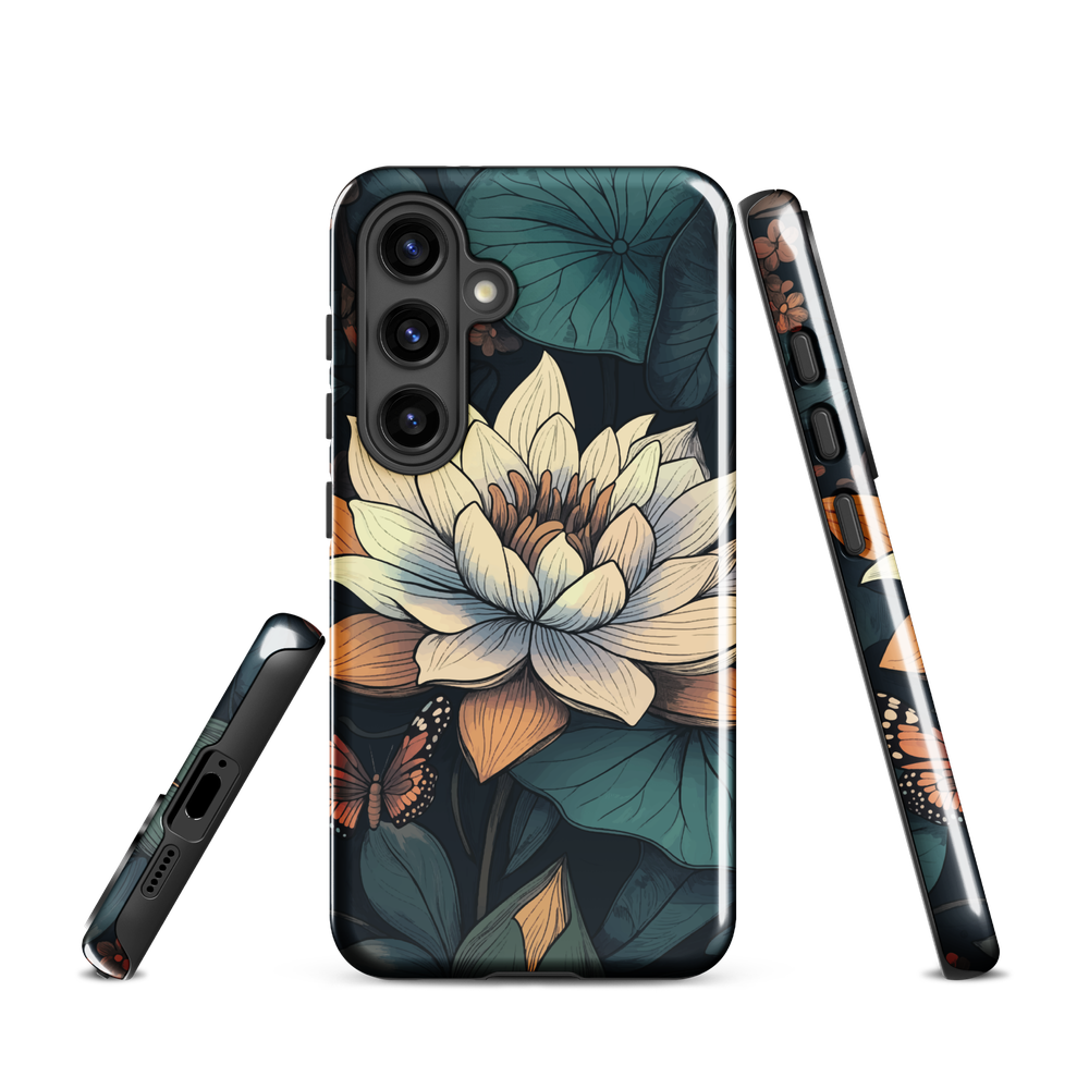 Phone case with ivory water lily, green leaves, and butterfly accents on dark background