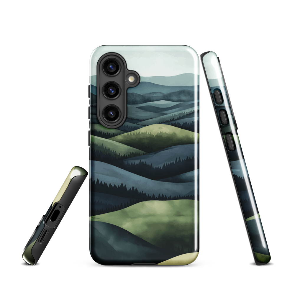 Phone case with layered mountain and forest landscape in blue and green hues