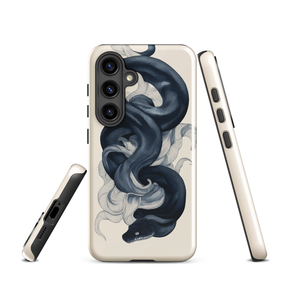 Phone case with black python and smoke design on cream background, serpent art by NZ artist Ben Hart.