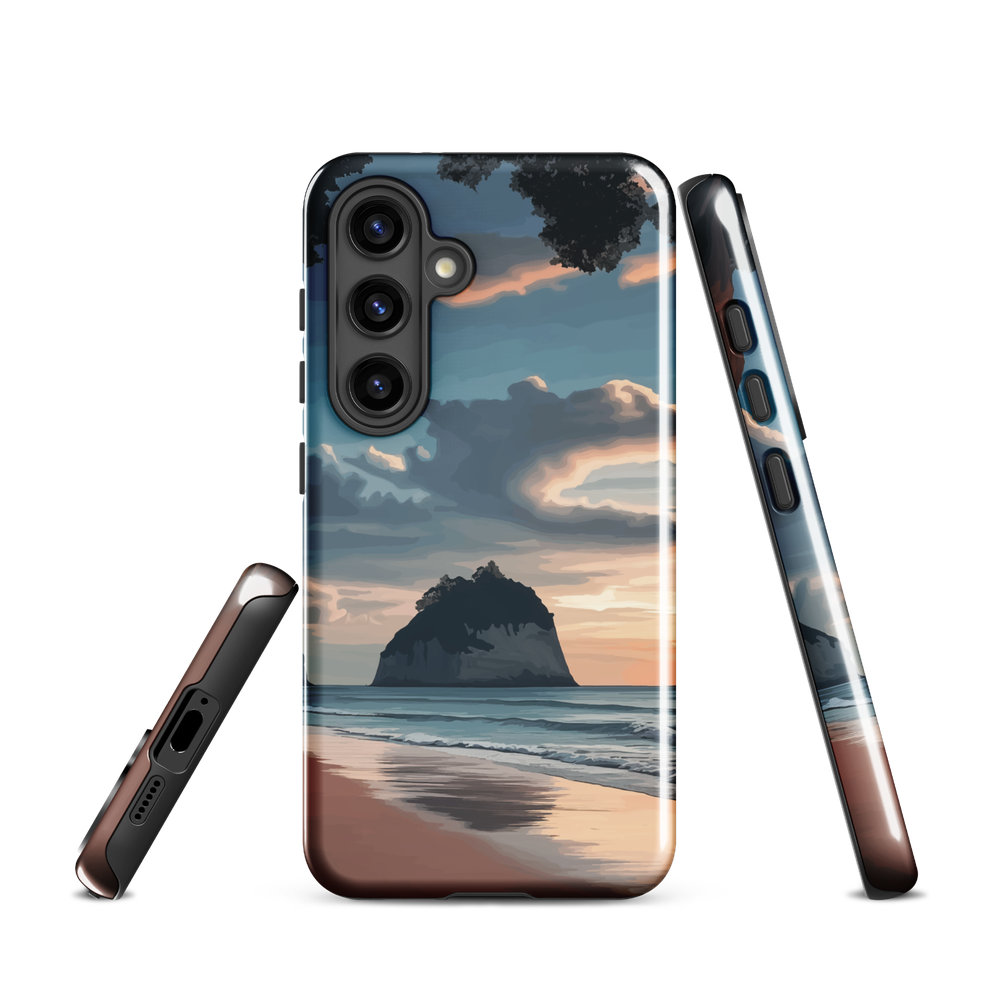 Phone case with Cathedral Cove beach and sunset scene, featuring soft skies and sea stack, by NZ artist Ben Hart.